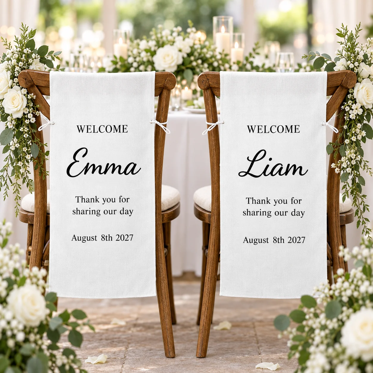 Custom Chair Reservation Sign Linen Look Seat Card, Personalized Wedding Reserved Sign with White Ribbon, Durable Foldable Chair