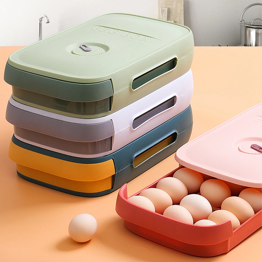 Egg Storage Organizer Egg Holder Stackable Drawer Type Automatic Rolling Eggs Box Refrigerator Fridger Storage Bins Kitchen