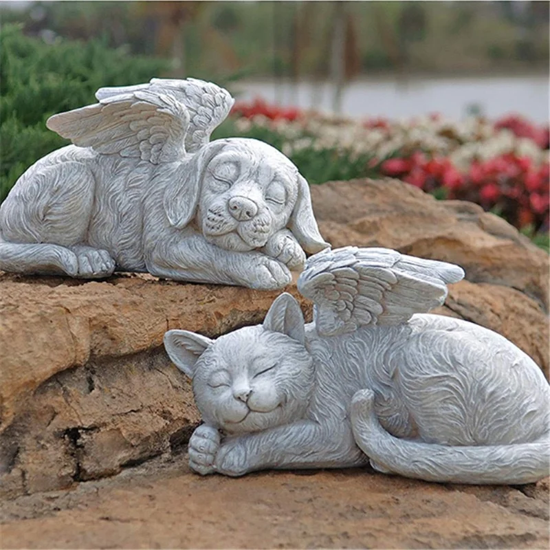 Resin Angel Dog Cat Statue Garden Decor Puppy Tombstone Sculpture Ornaments Gifts for Yard Home Decoration