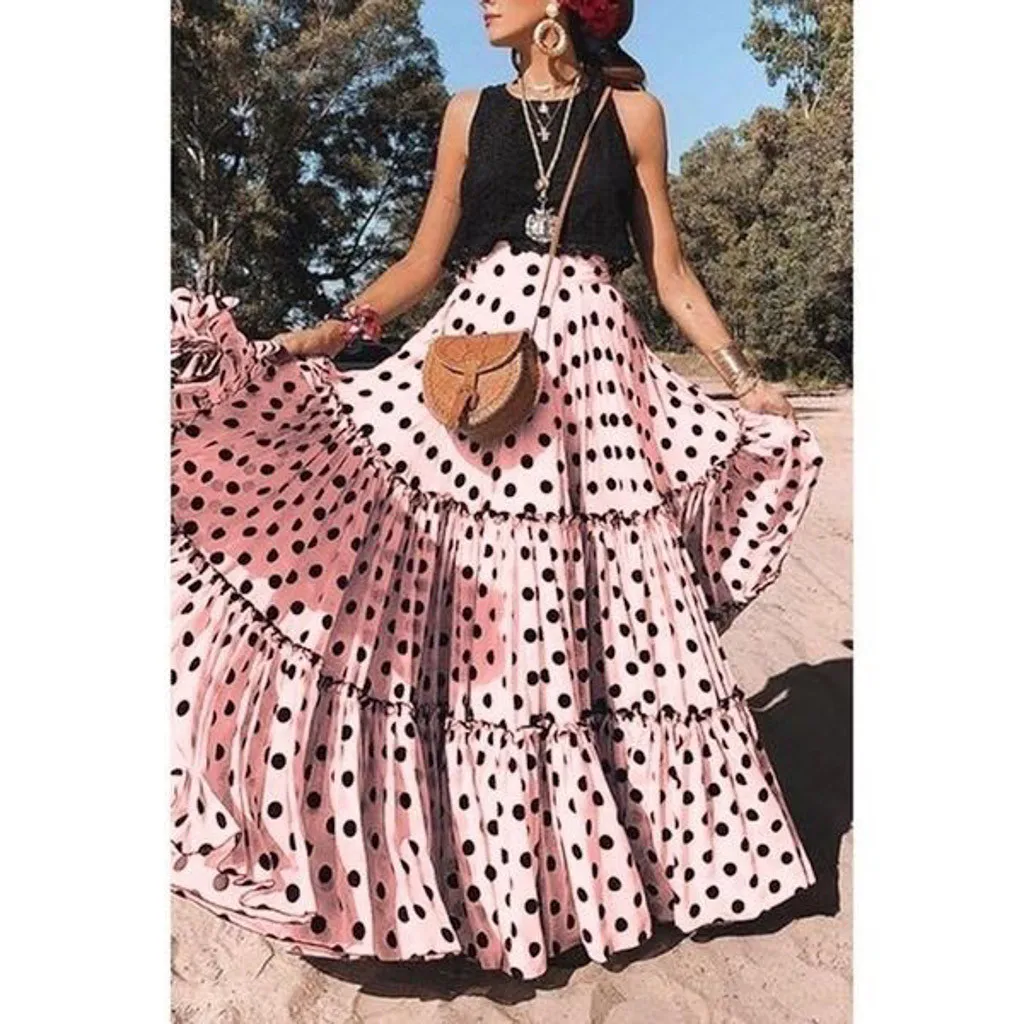 Elegant Women Polka Dots Printed Skirts 2024 Fashion Bohemian High Waist Casual Ruffled Skirt Loose Party Long Maxi Skirts