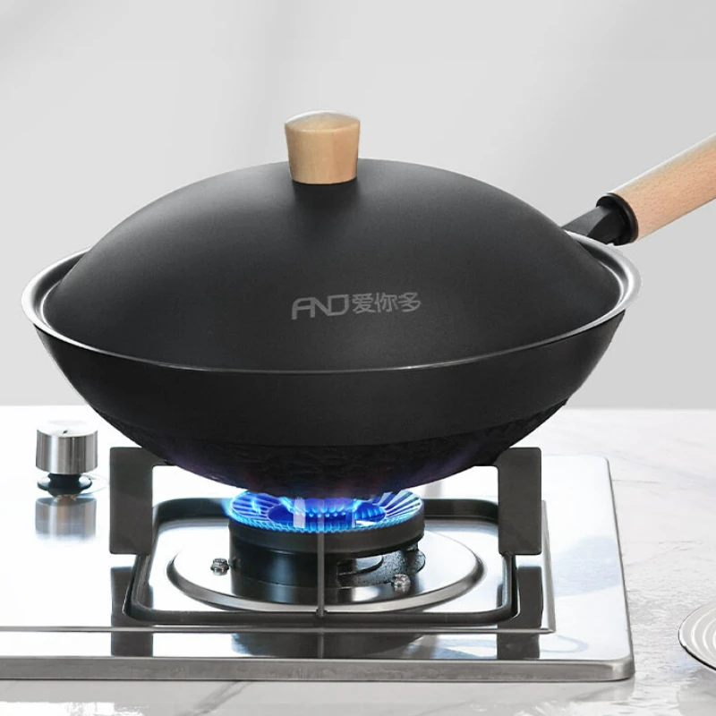 

Traditional Non - Rust Cast Iron Wok Household Uncoated Non - Stick Pan Gas Cooker Suitable Stir-frying Pan Fast Heat Conduction