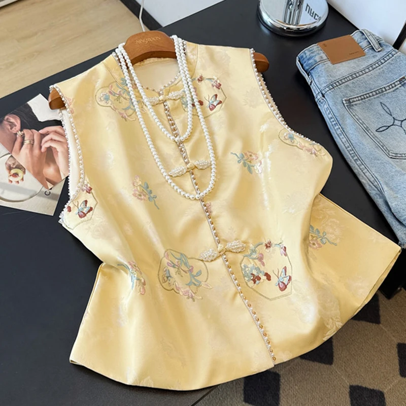 

New Chinese Sle Embroidered Svel Jaet Women's Outerwear with Button Design Faionable Commute Sle Polyester Fiber