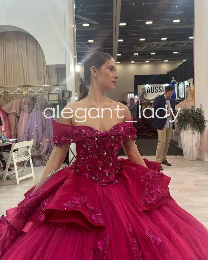 Fuchsia  Princess Quinceanera Dresses Off Shoudler Long Sleeve 3D Floral Crystal vestido de 15 quinceañeras customsized