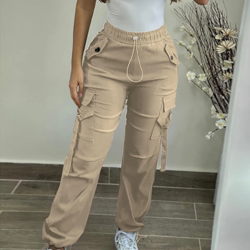 New Spring Women's Cargo Pants Fashion Street Pocket Design Drawstring Cuffed Pants Daily Casual Plain Long Pants Versatile S-XL