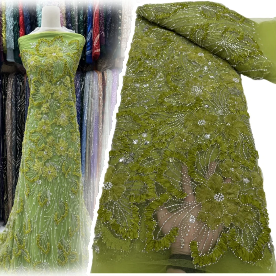 

Nigerian 3D Embroidered Lace Fabric 2026 New African French Sequined Beaded Tulle Lace Fabric Dress Sewing Material 5 Yards 1932