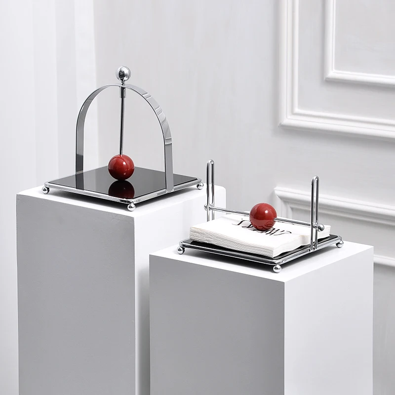Moderner minimalistischer Serviettenhalter, quadratischer Eisen- und Acryl-Taschentuchständer, Tischpapierpresse, Aufbewahrung und Dekoration mit Papierclip, konkave Bogenform, Schwarz und Creme-Weiß – Detail 1