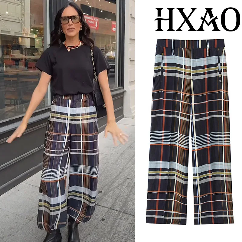 HXAO Plaid Women's Pants Baggy Wide Pants For Woman Autumn Minimalist Long Casual Pants Women Mid Waist Check Trousers Bottoms