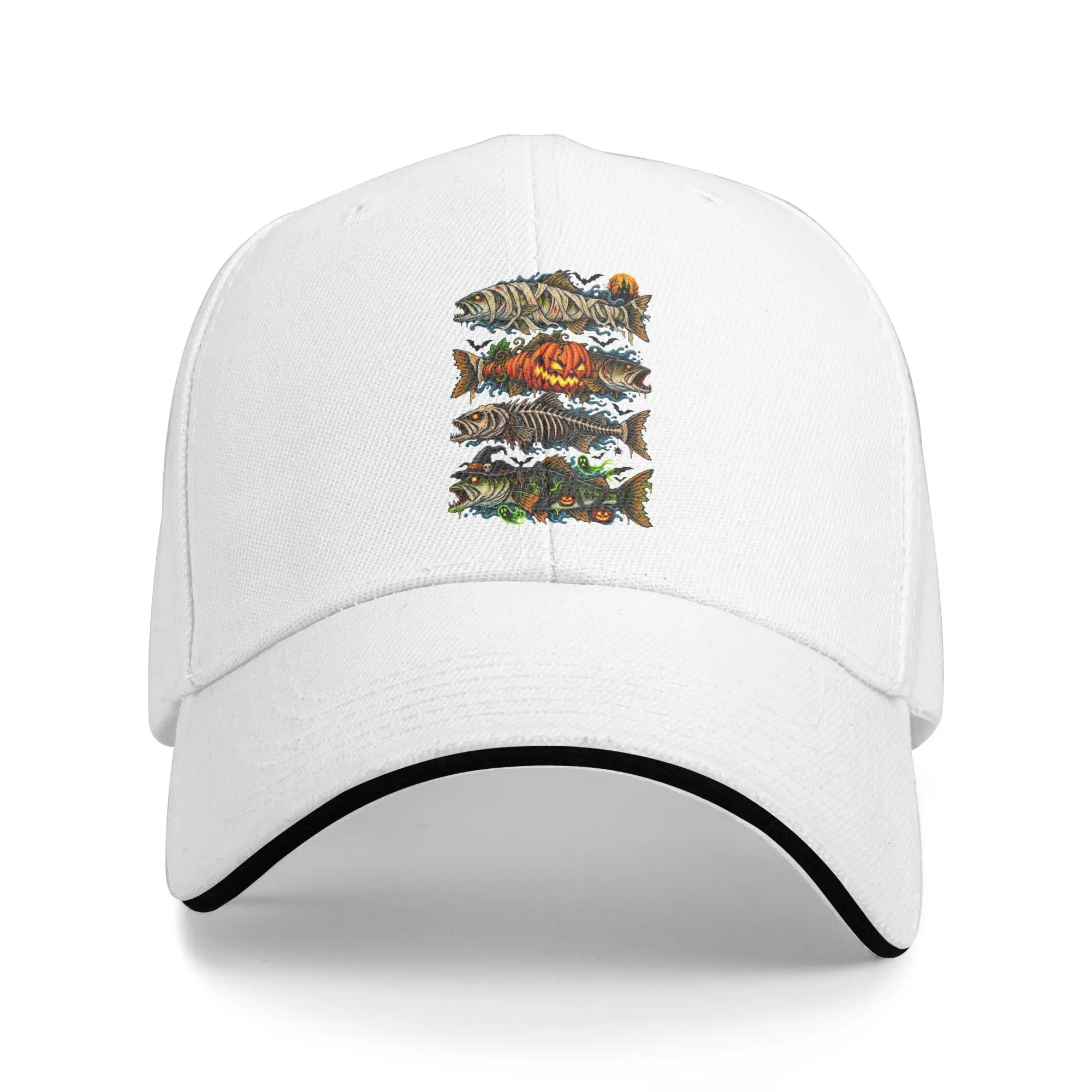 Halloween Trout Fish Ghost Pumpkin Sandwich Baseball Cap Hip Hop Skeleton Mummy Men Women Adjustable Sun Cap Fishing Gift Hats