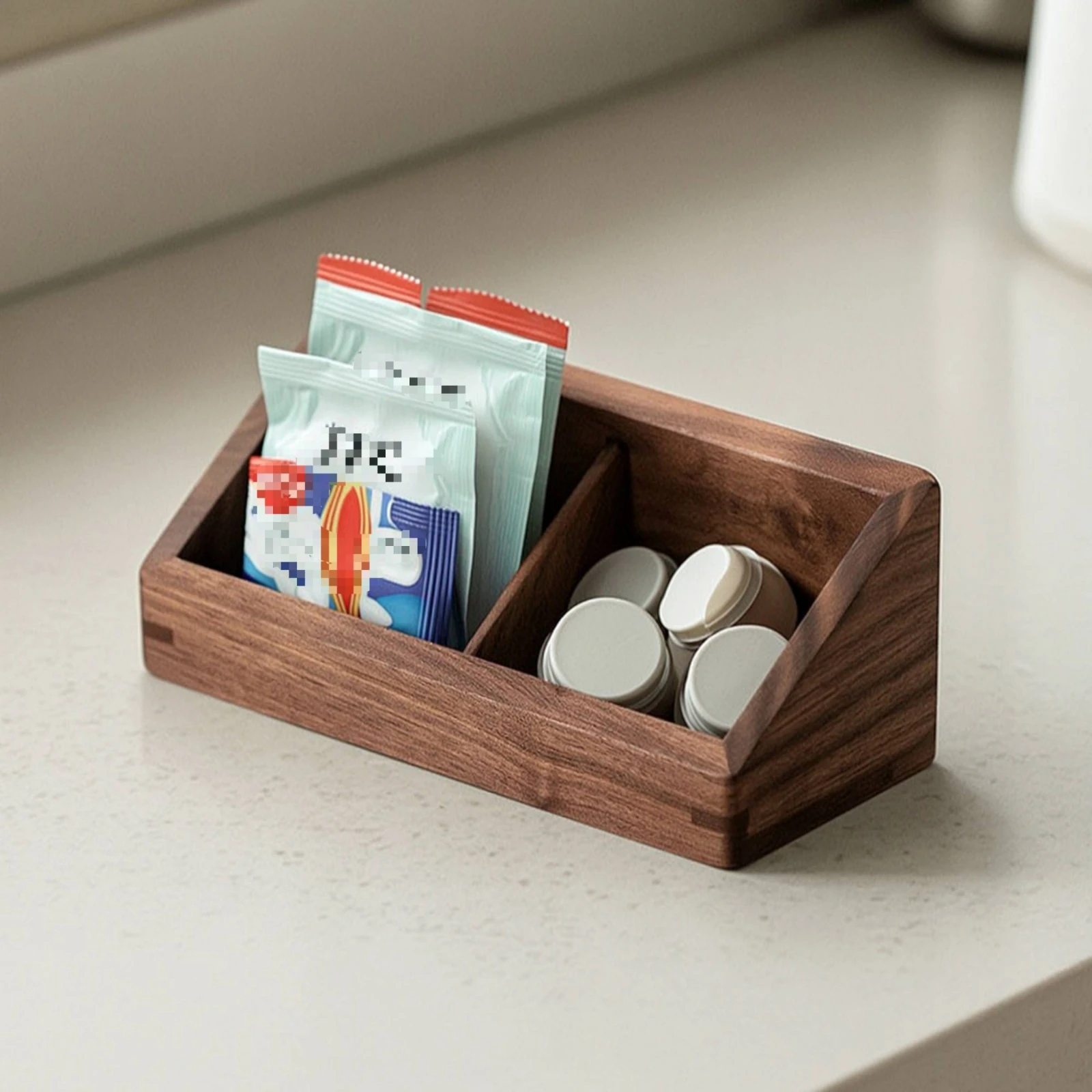 Desktop Organizer Solid Wood Wooden Storage Box Tabletop Box with Compartments Angled Divided Tray Compact for Desk, Counter