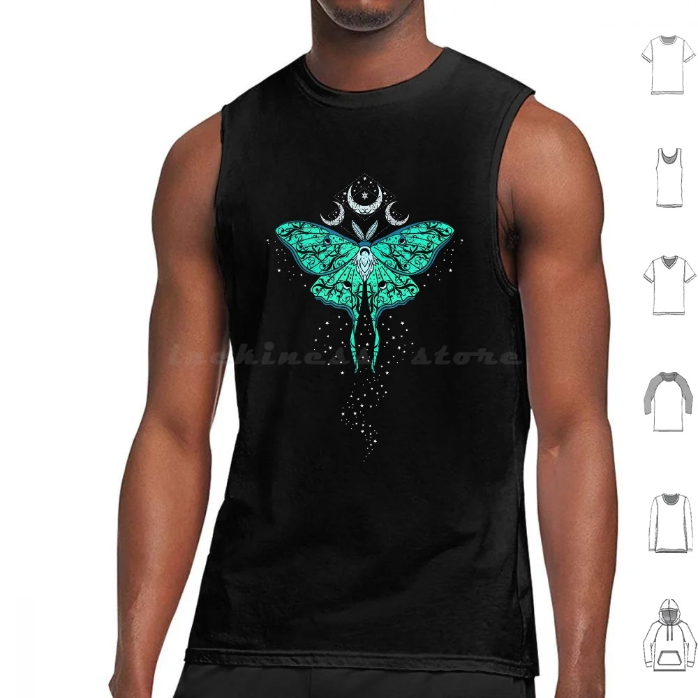 Celestial Luna Moth Tank Tops Print Cotton Luna Moth Space Stars Moth Moon Moon Phases Crescent Moon Galaxy Teal Blue