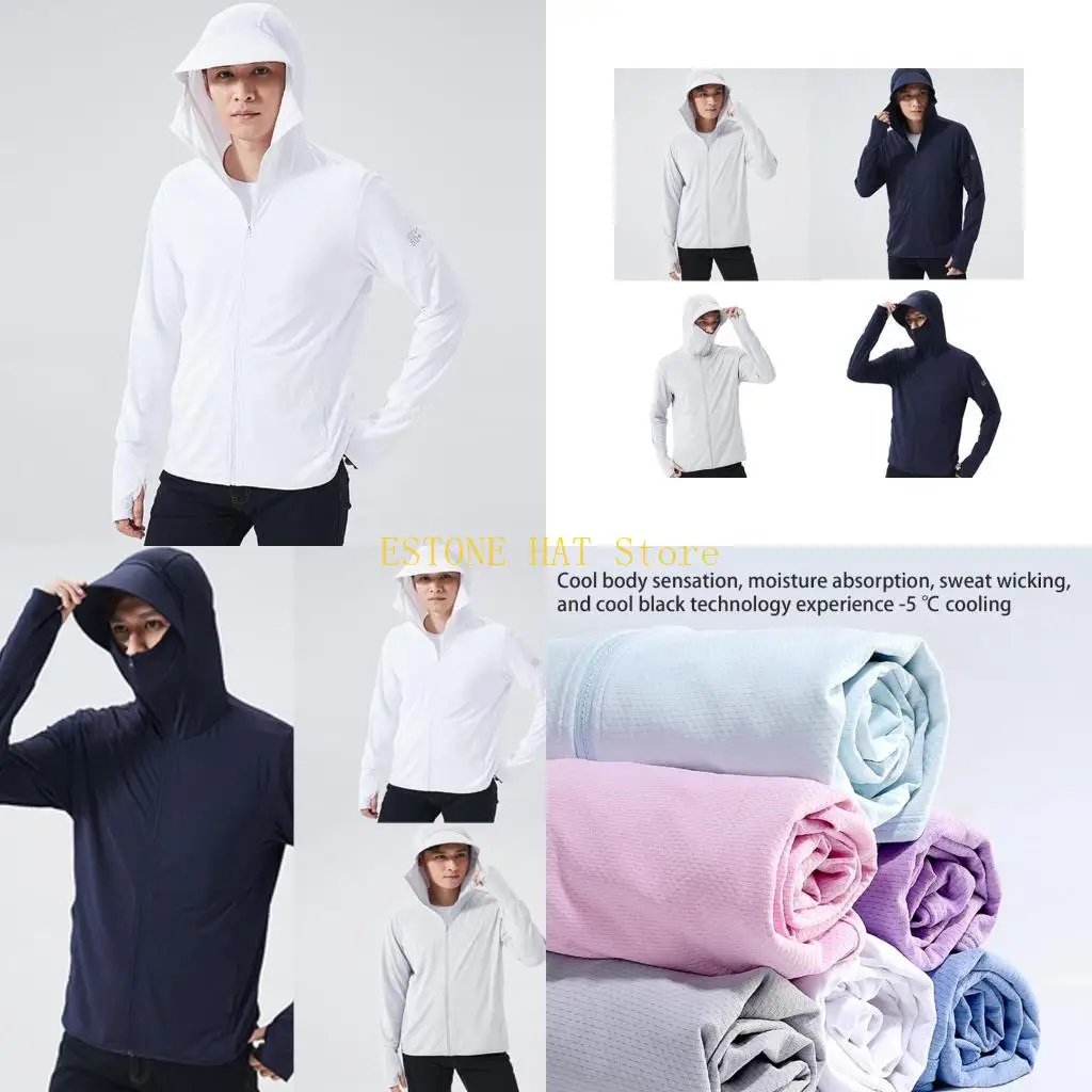 

49MF Mens Sun Protective Hooded Zippered Quick Drying Thin Shirt with Pockets