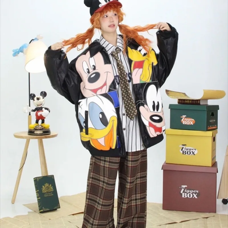 

Кожаные куртки с вышивкой Микки Диснея, осень/зима, новые свободные мотоциклетные куртки с четырьмя сетками, мужские и женские повседневные пальто 2025