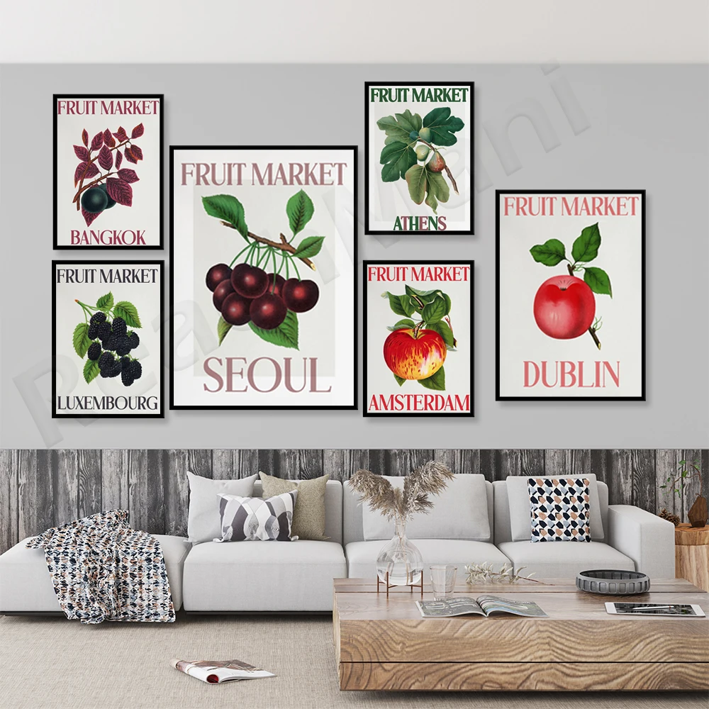 Fruit market, Los Angeles, Kuala Lumpur, Amsterdam, Ibiza, Seoul, Bucharest city travel poster, flower market, kitchen decoratio