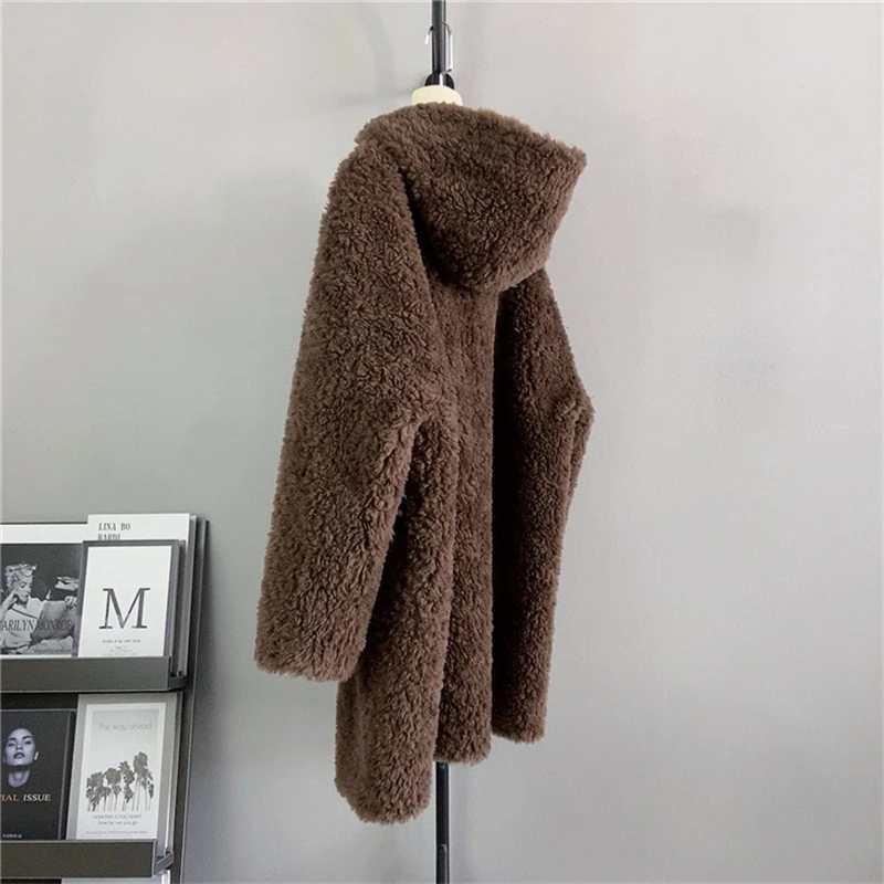 PT427 Fall and Winter New Covered Buttons Sheep Shearling Fur Jacket Female Hooded  Loose Thickened Warm Coat