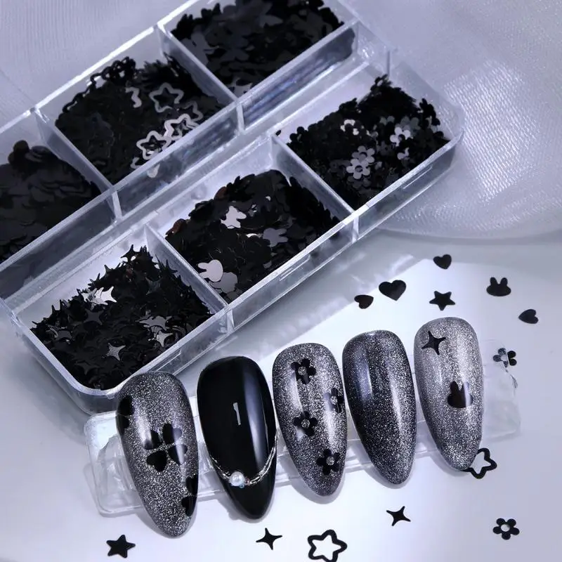 6 Grids Black Heart-shaped Butterfly Star Nail Glitter Mixed Decor Manicure Flakes Paillettes Stunning Seqiuns DIY Nail Manicure