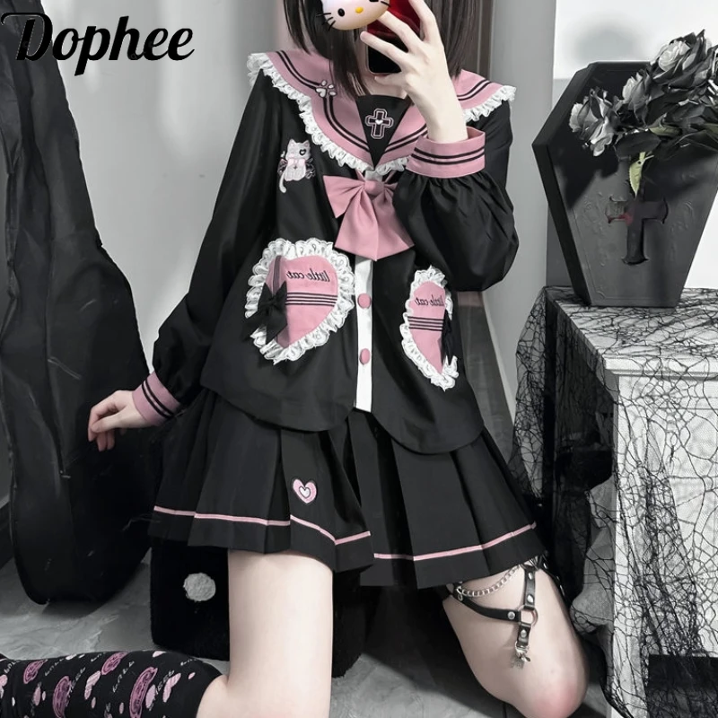 Dophee Original Sweet JK Uniform Set Spring Summer Long Sleeve Sailor School Shirt Cardigans Coat + Short A-line Pleated Skirt