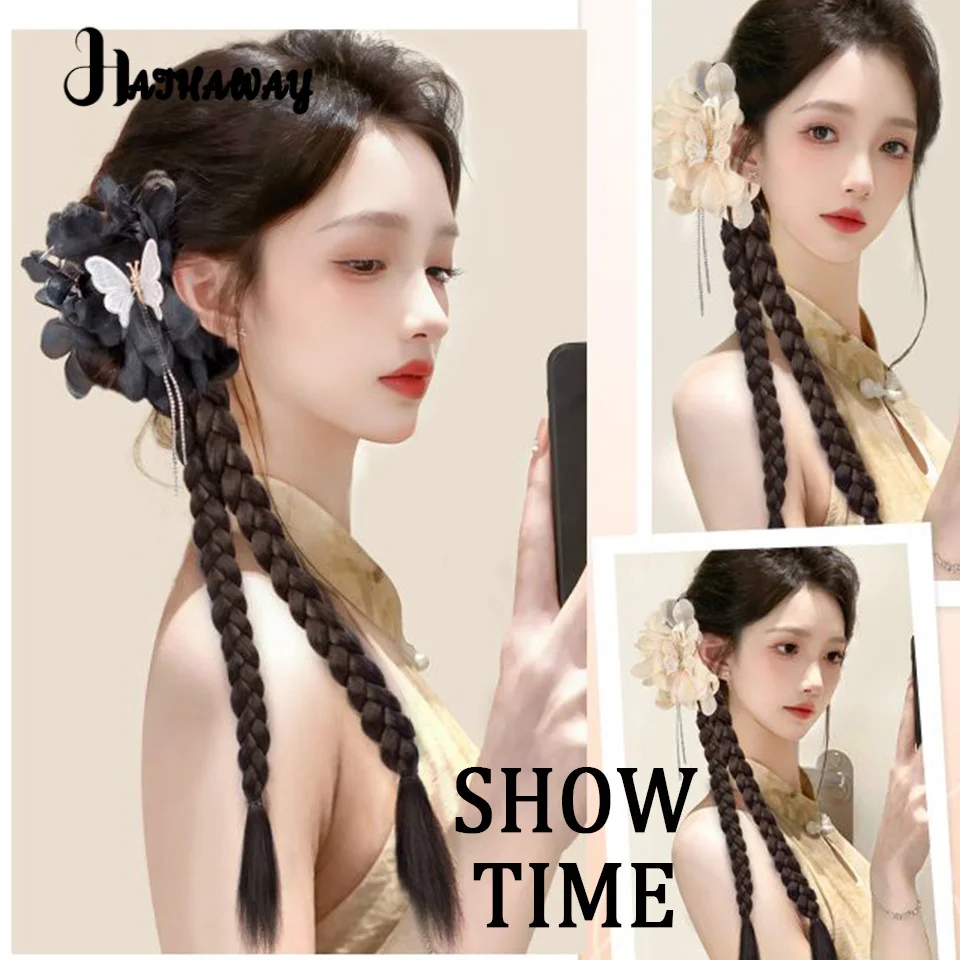 20 Inch Ponytail Female Grip Braided Hair Synthetic Black Brown Twisted Braid Boxing Braid Ponytail Daily Wear