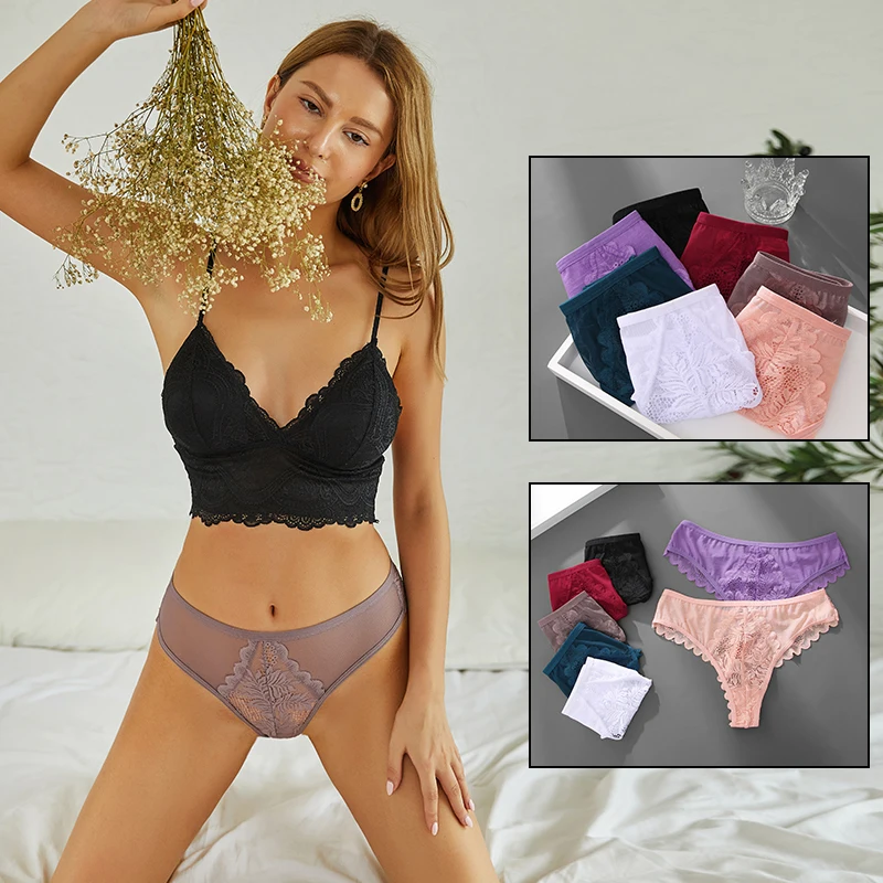 Women Sexy Lace Thongs Ladies Solid Color G-String Panties Floral Perspective Underwear Female Soft Breathable Intimate Lingerie