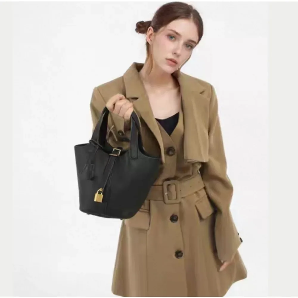 

Women's Beige Textured Bucket Bag with Inner Pouch, Top Handle & Drawstring Closure, Stylish Tote for Daily Use & Shopping