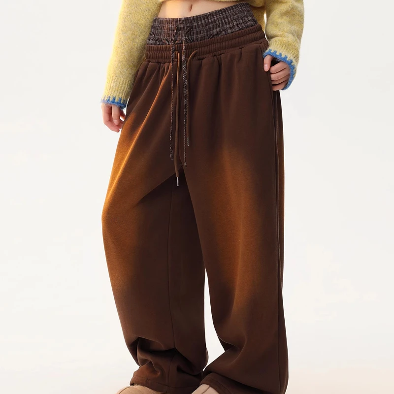 American Retro Layered Fake Two-Piece Plaid Splicing Women's Trousers Autumn Fleece-Lined Warm Casual Straight-Leg Pants Ladies