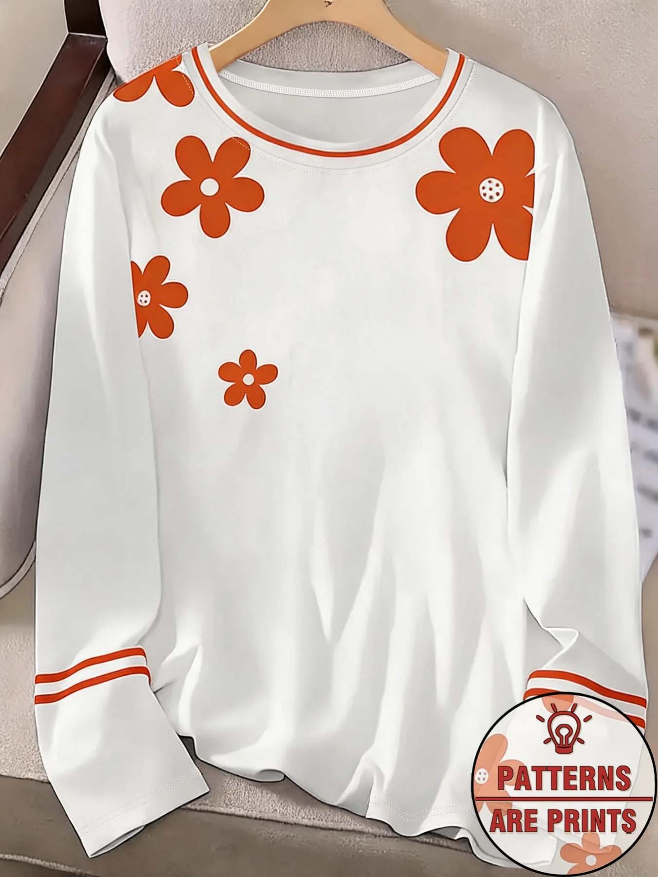 Women Long Sleeve Top Orange Daisy Floral Pattern Crew Neck Autumn Festival Gift Casual Daily Wear Women's Clothes - view 3