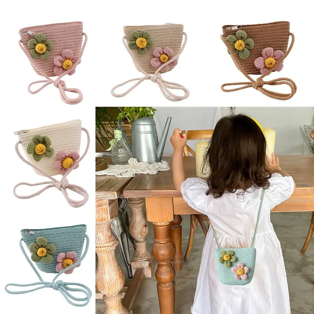 Fashion Handmade Kids Straw Bag Shell Shape Woven Shoulder Bag Flower Crossbody Bag for Children Girls