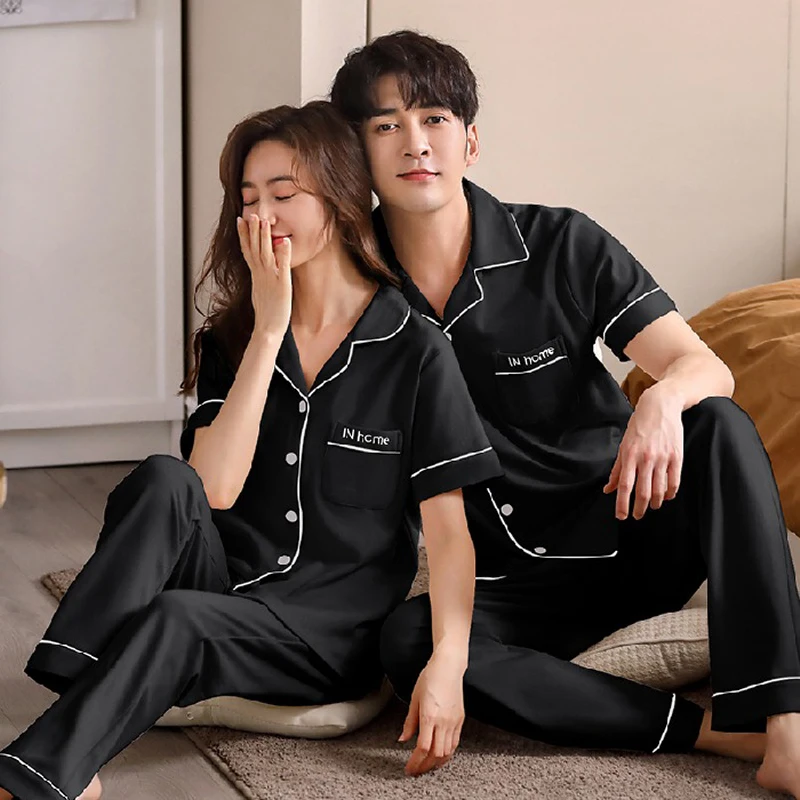 

Pajamas Of Couple Solid Color Sleepwear Silk Satin Pijama Sets Short Sleeve Pyjamas Home Wear Women&Men Loungewear Plus Size