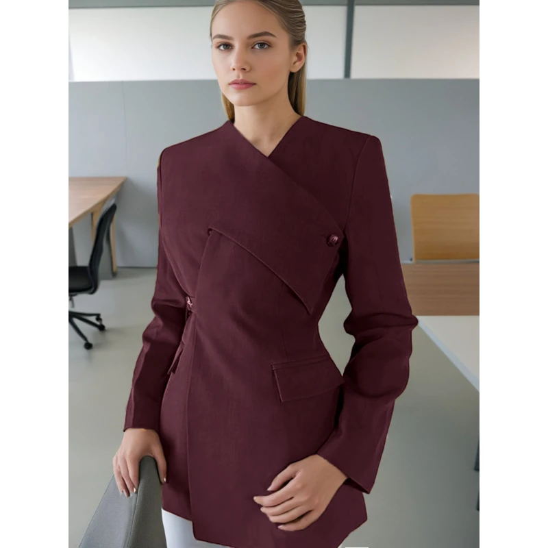 

Retro Elegant Collarless Suit 2025 New Arrival Cross Tie Deconstruct Design Solid Color Casual Office Blazer Outwear