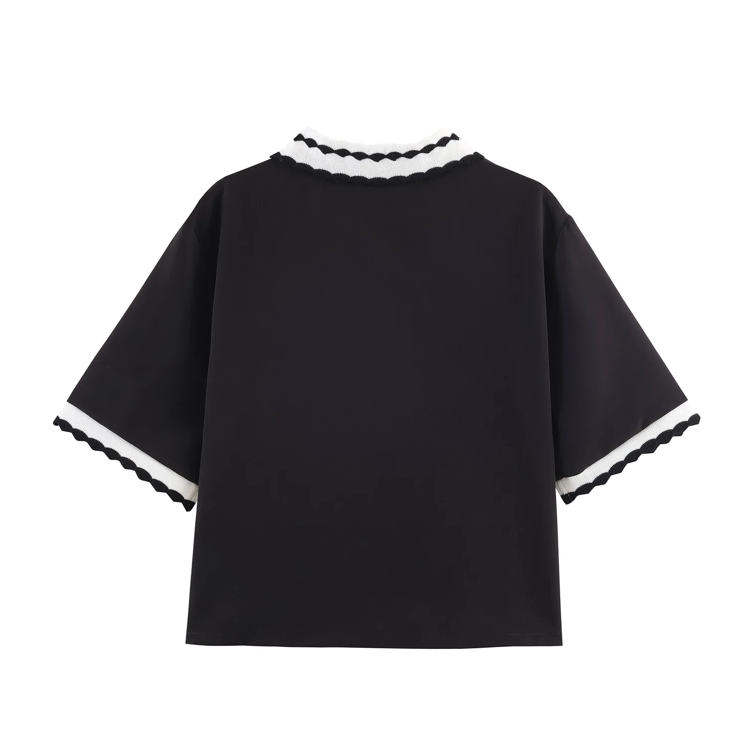 Women's Fashion Casual Short Sleeve Color Block Collar Women's Top White Collar Cuffs Half Button Short Sleeve Blouse Style 676Q
