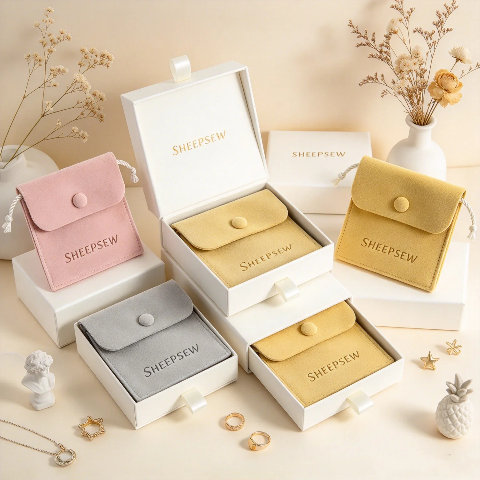 SHEEPSEW Custom Logo Cardboard Sliding Drawer Jewelry Box with Microfiber Snap Gift Pouch, Travel Organizer Packaging Box for Br