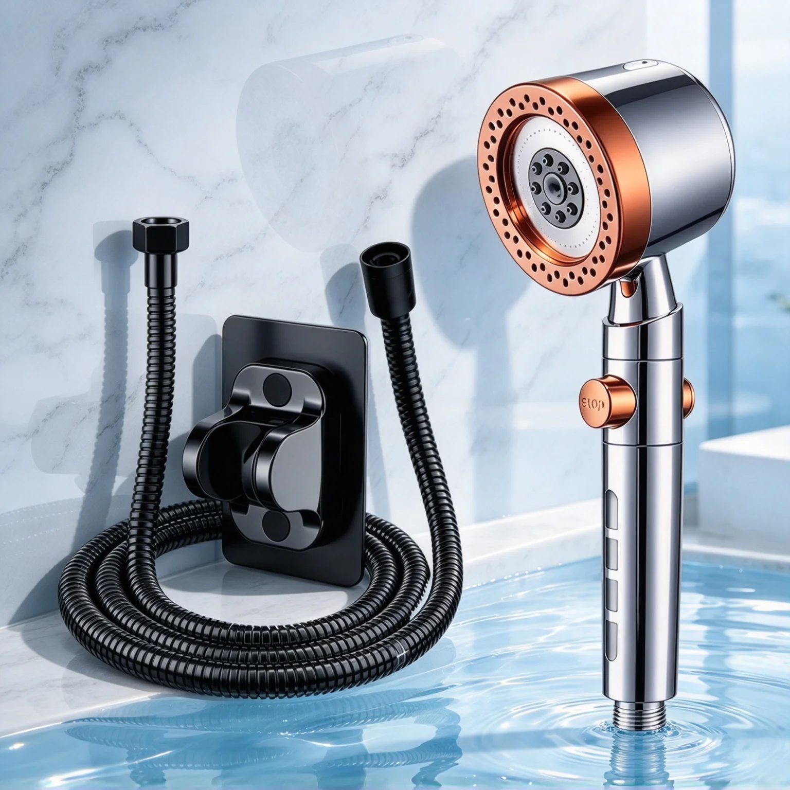 Filter Handheld Shower Head Set 5 Modes High Pressure Water Saving One Button Stop Comes with 1.5m Hose & Wall Holder