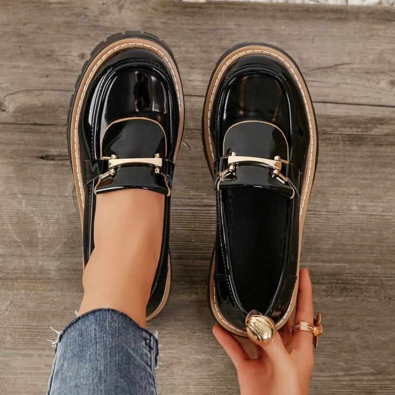 Women's Chunky Platform Loafers Round Toe Patent Look Slip-On Shoes Metallic Hardware Accent Contrast Stitch Lug Sole Footwear