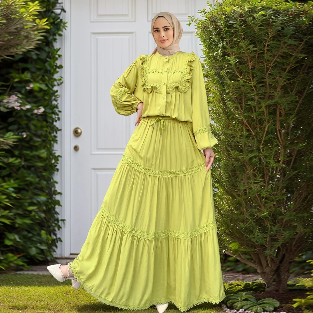 

Muslim Women Lace Hollow Out Shirt and Skirt 2 Piece Set Dubai Abaya Dress Turkey Kaftan Outfits Suit Femme Musulmane Ensembles