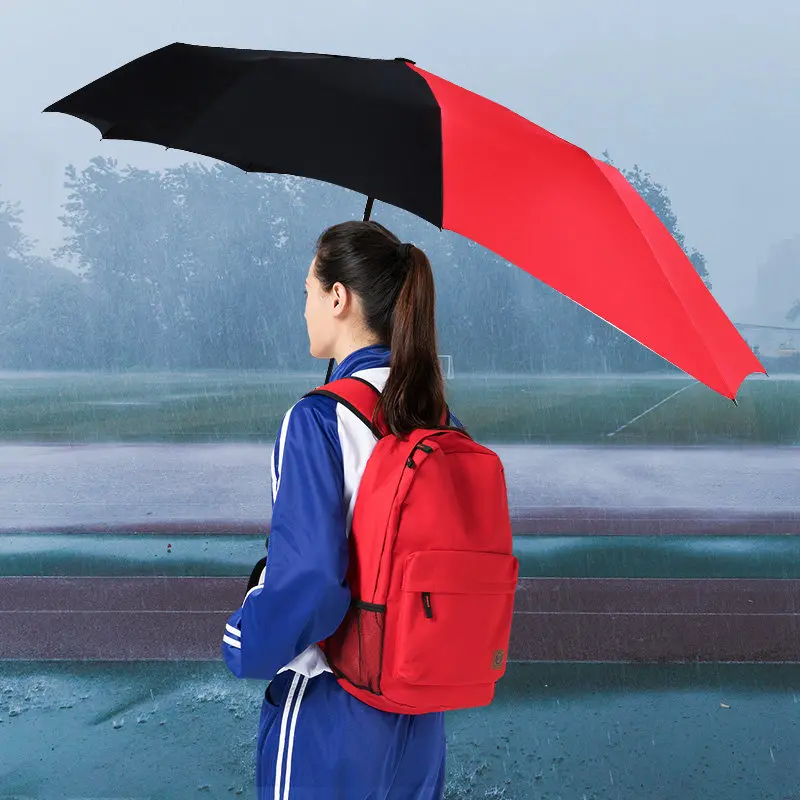 

Eccentric Shape Backpack Folding Umbrella 9 Rib Strong Water Repellent Extra Long Canopy One Button Open Close for Electric Bike