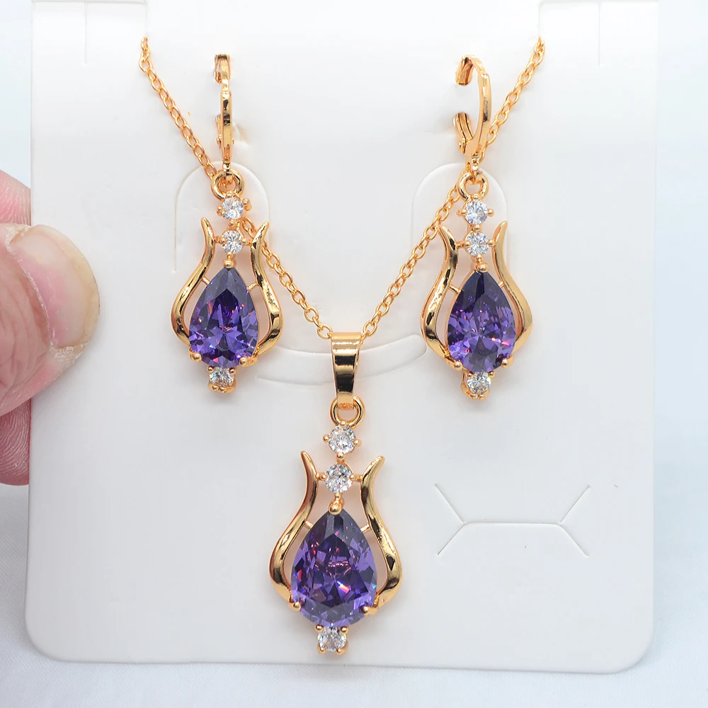 Fashion Gold Color Women Red Cubic Zirconia Water Drop Earrings & Pendant Jewelry Set