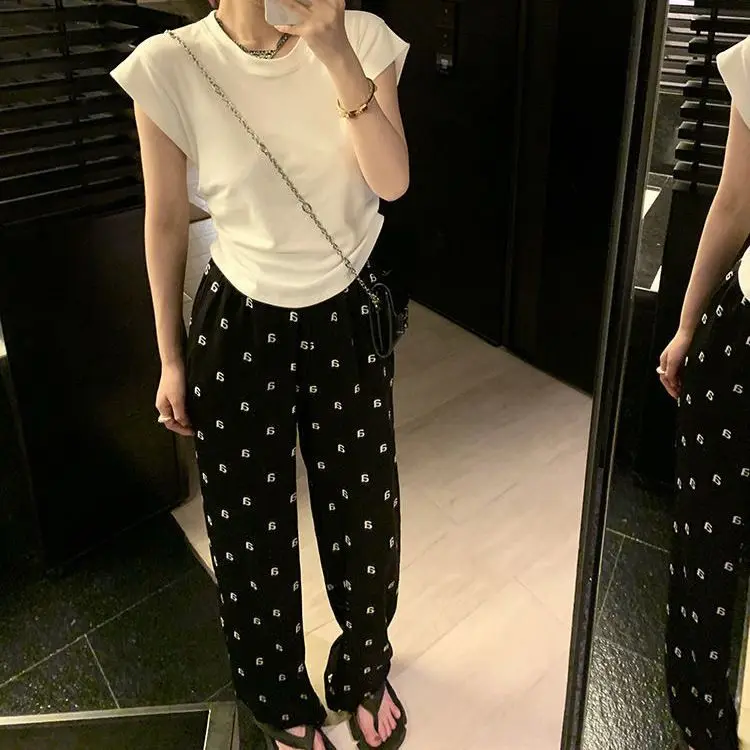 Gold Velvet Pants Letter High-End Fashion Trend Wide Leg For Women Autumn Winter High Waist Straight Tube Loose Mop Pants