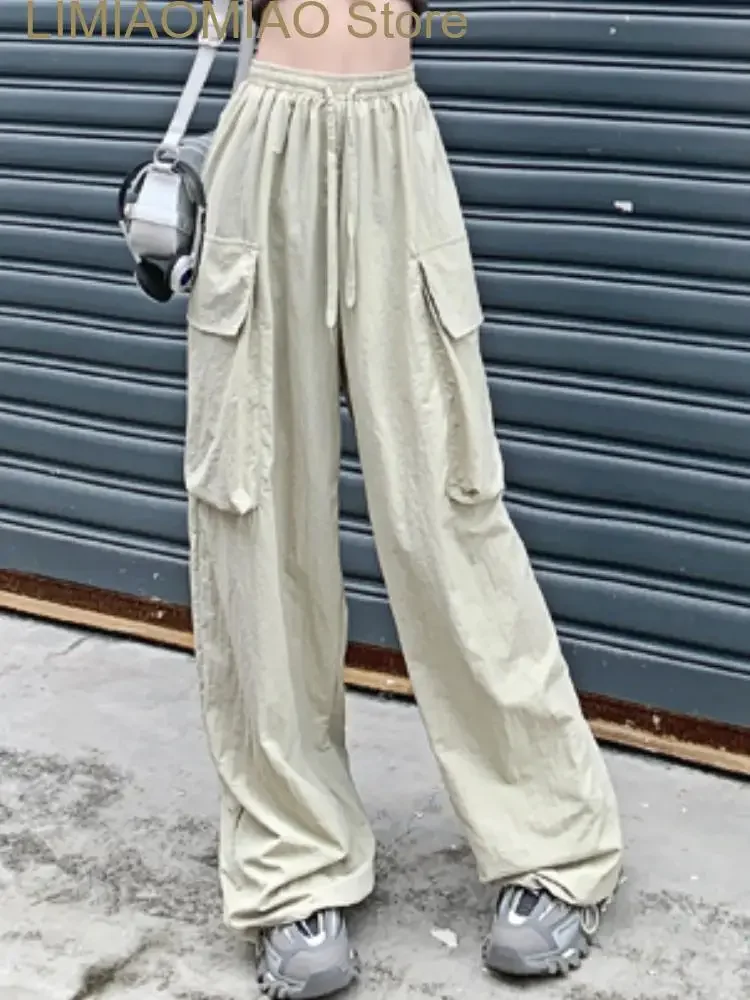 

New Pink Sweet Cargo Pants Women Summer Pockets Korean Fashion Pants Female Elastic Band Designer Casual Pants