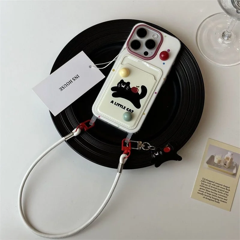 Three dimensional bead rainbow bean black cat card case with the same black cat phone strap For iPhone 11 12 13 14 15 pro max