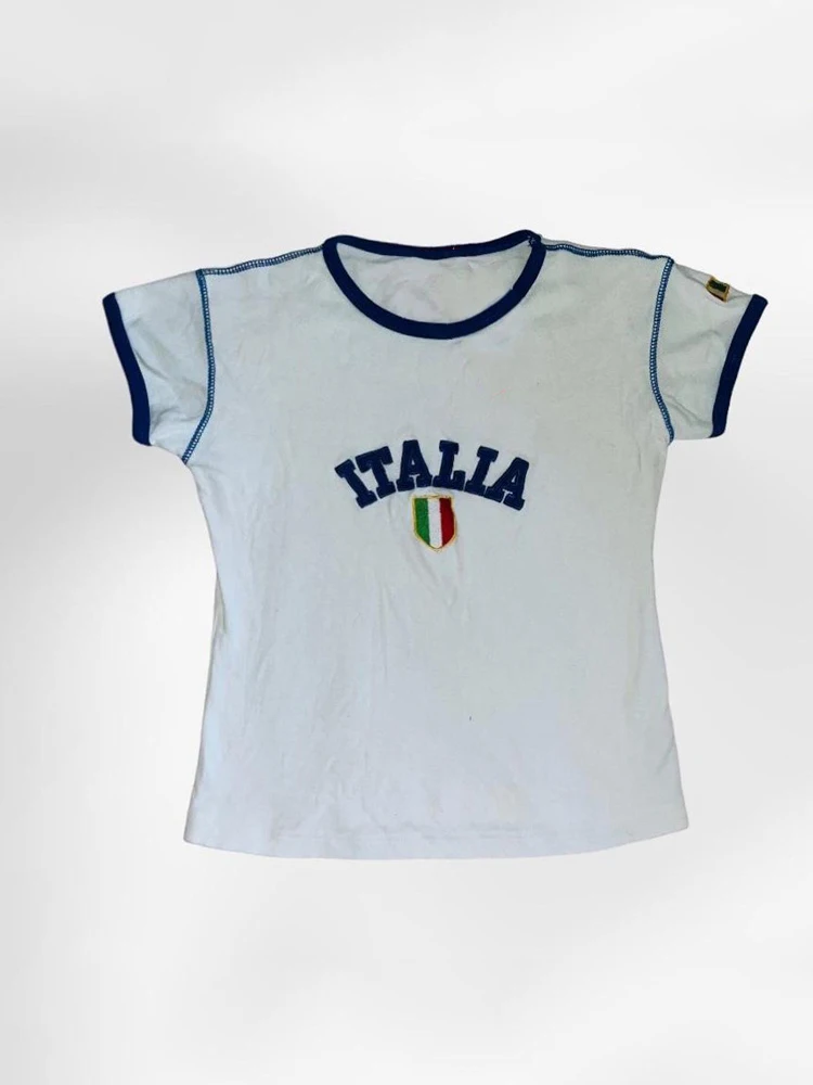 Aesthetic Women Italy Letter Embroidery Crop Top Retro Street Wear Baby T-shirt Women\'s Punk Sports T-shirt Y2k Clothes emo