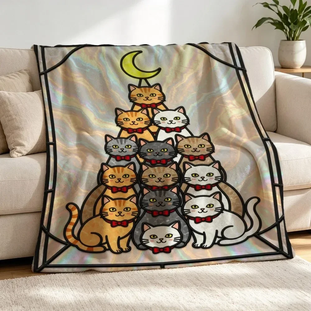 Stained Glass Style Stacked Cats Moon Flannel Blanket Iridescent Background Soft Warm Bed Blanket For Sofa Bedroom Camping