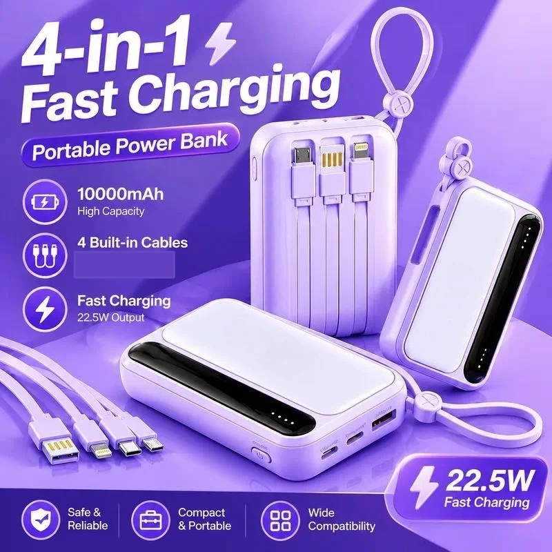 Mini Self Contained Cable Power Bank 20000mAh Large Capacity Portable Mobile Power Supply