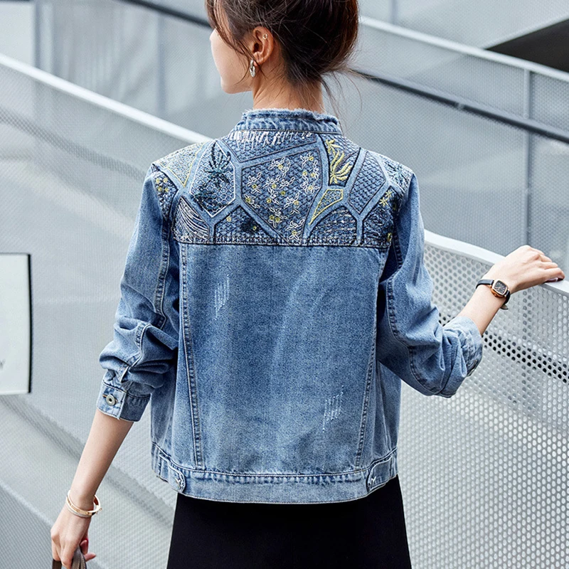 Vintage Short Denim Jackets Women's 2026 Autumn New Korean Jacket Tops Casual Sequins Embroidery Outwear Long Sleeve Jeans Coat
