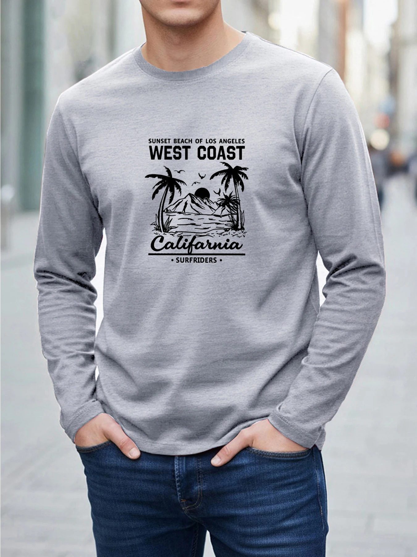 Fall 2026 New Arrival Long-Sleeve T-Shirt Casual Loose Fit California Beach Surf Print Hawaiian Style Fashionable Crew-Neck Top