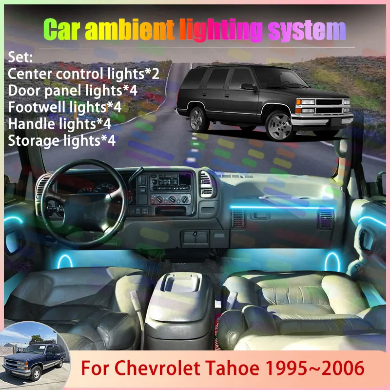

Для Chevrolet Tahoe 1995 ~ 2006 MK1 1 GMC Yukon 6/18 в 1, автомобильная атмосферная лампа, RGB абажур, ансамбль, стример, атмосферный набор