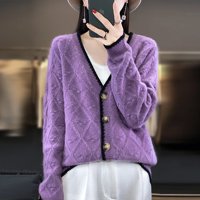 BELIARST Spring and Autumn New 100% Wool Cardigan Women\'s V-neck Jacquard Coat Casual Contrast Knitted Top Thickened Versatile