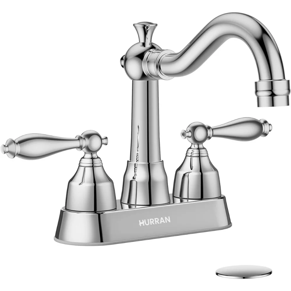 

4-Inch Centerset Chrome Classical Bathroom Faucet, 2-Handle (2/3 Hole) 360° Swivel Spout, Pop-Up Drain & Supply Hose
