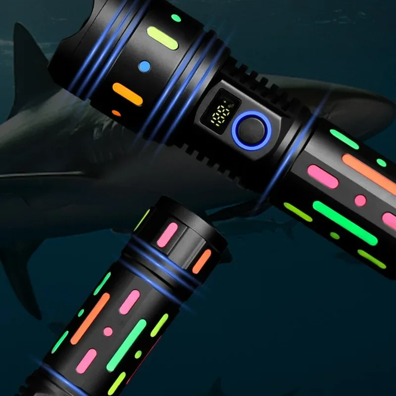 مصباح يدوي ليزر أبيض فائق السطوع TYPE-C قابل لإعادة الشحن مع شعلة عرض البطارية قابلة للتكبير 5 أوضاع إضاءة للتخييم في الهواء الطلق