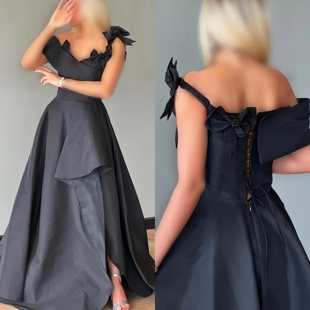 

Customized Modern Style Elegant Charmeuse Beading Bow A-line Off-the-shoulder Long Dresses Bespoke Occasion Dresses Classic