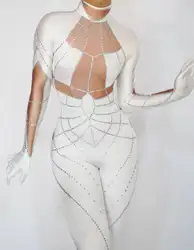 Vestidos de Fiesta de Mono Blanco para mujer, disfraz de arrastre, disfraces de espectáculo de festival sexy, vestido con piedras, cumpleaños, ocasión especial