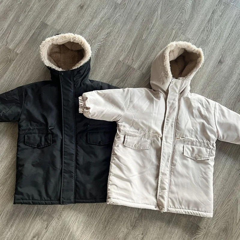 2026 New Winter Unisex Kids Fur Lining Long Style Jacket Baby Boy Girls Thicken Warm Hooded Coat Children Loose Windproof Parkas